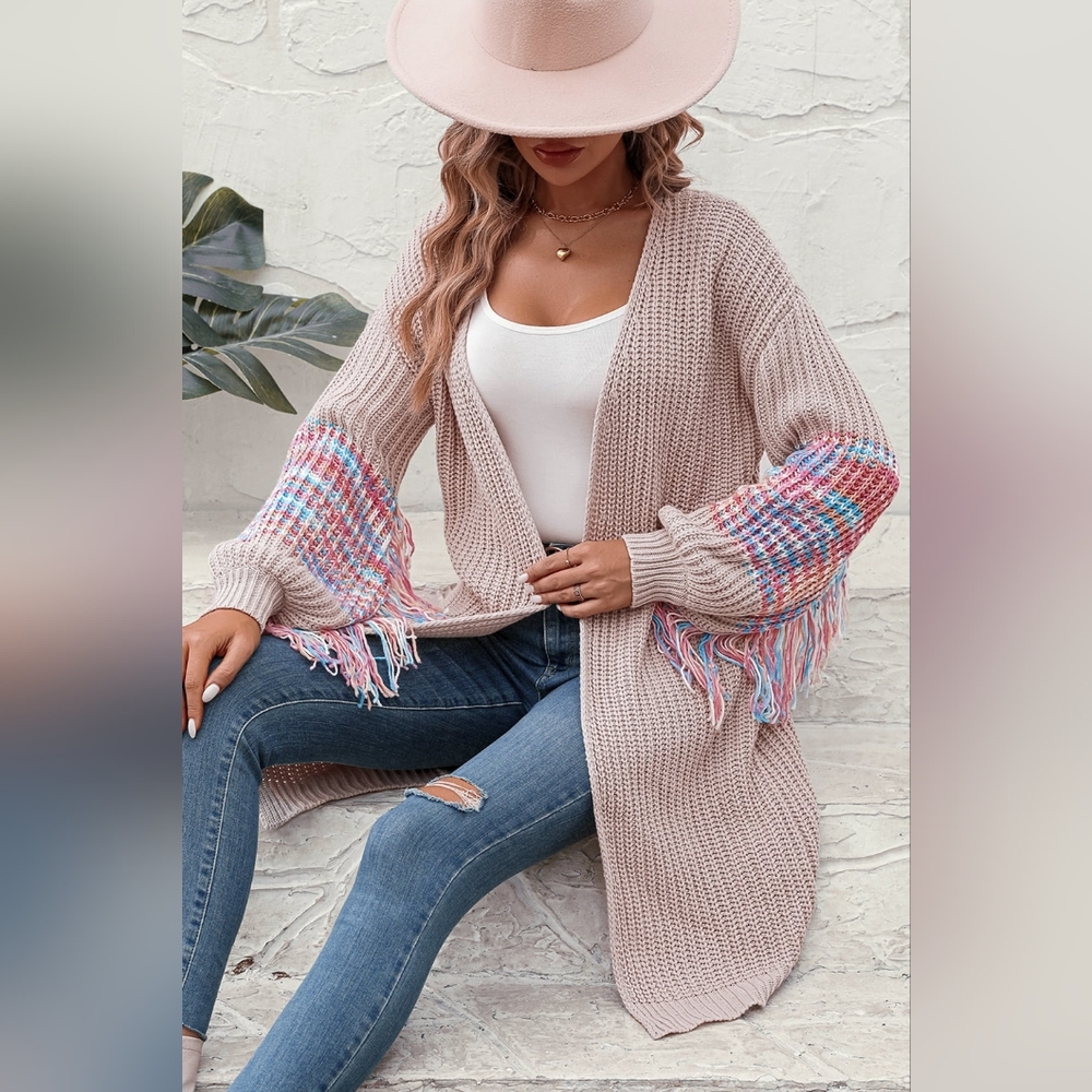 Fringe Sleeve Retro Waffle Knit Longline Duster Cardigan Colorful Open Sweater